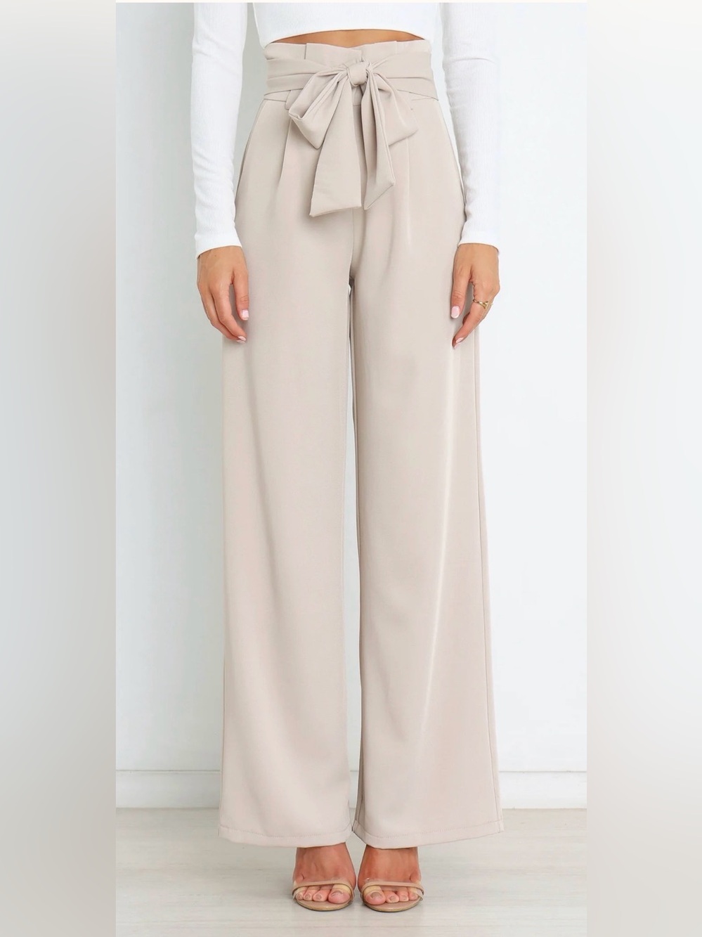 Petal & Pup High-Waist Wide Leg Tie-Waist Pants - Beige - Picture 1 of 5